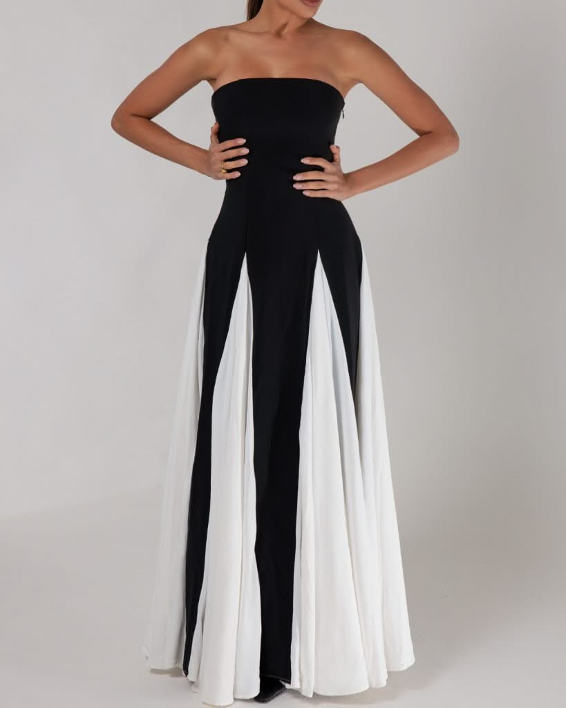 Noirelle – Monochromatyczna elegancja – Suknia maxi bez ramiączek-15222428270917-Róża Kwiatowa
